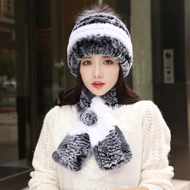 Fur Hat Female Autumn and Winter Rex Rabbit Hair Warm Ear Protection Scarf Two-piece Set Middle-aged and Elderly Grandma Casual Mother Hat