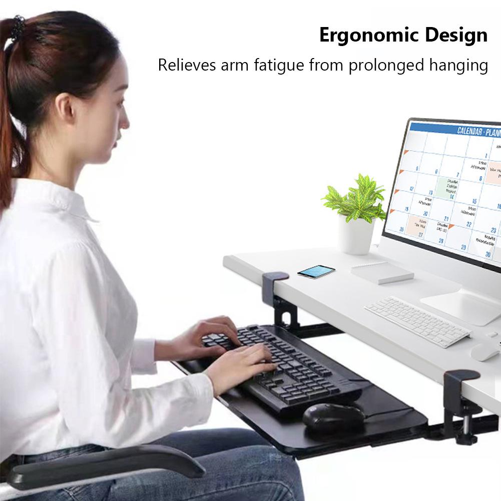 Load Bearing 50kg Under Desk Keyboard Tray Slide In/out Ergonomic Universal Keyboard Tray No-Drilling C-Clamps Easy To Install F