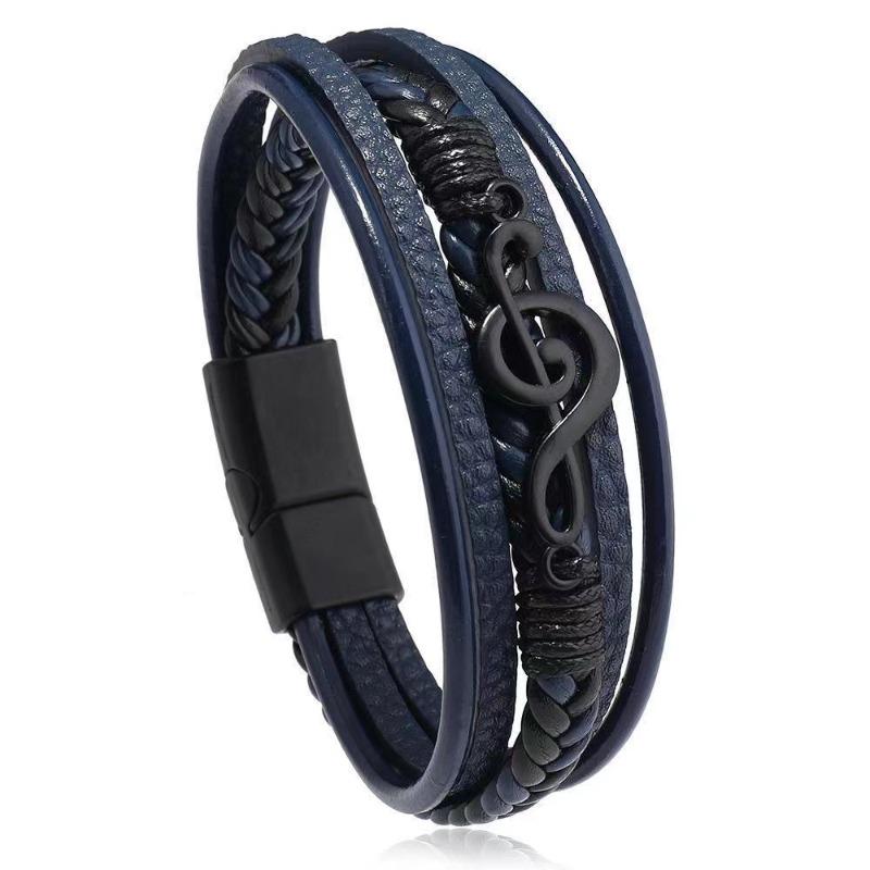 Stainless Steel Musical Note Bracelet for Men, Multi-layer Leather Woven Magnetic Clasp, Retro Style Wristband
