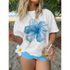 Blue Hibiscus Graphic Tee Tropical Hawaiian Flower Short Sleeve Crewneck T-Shirt for Women Beach Vacation Summer Aesthetic Top