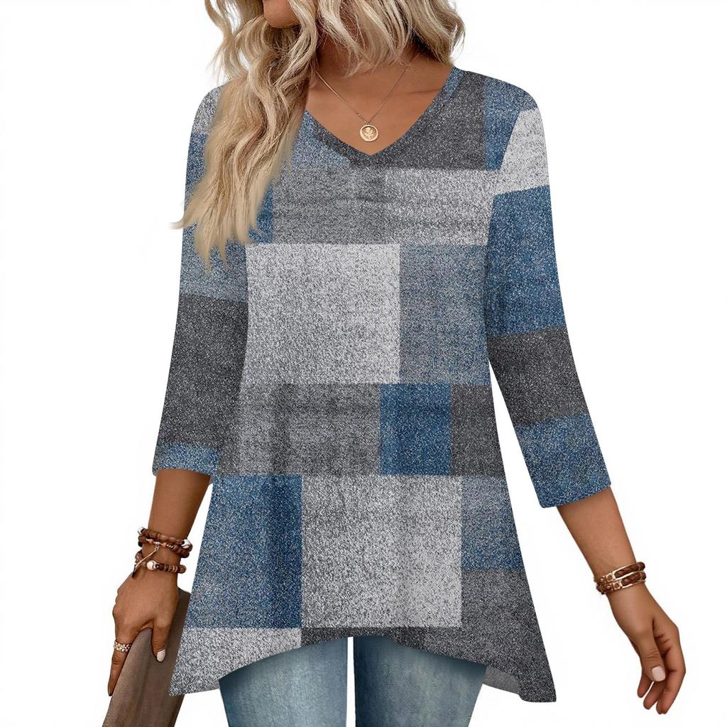 Dámské topy s výstřihem do V a 3/4 rukávem, ležérní košile střední délky, módní tuniky s potiskem