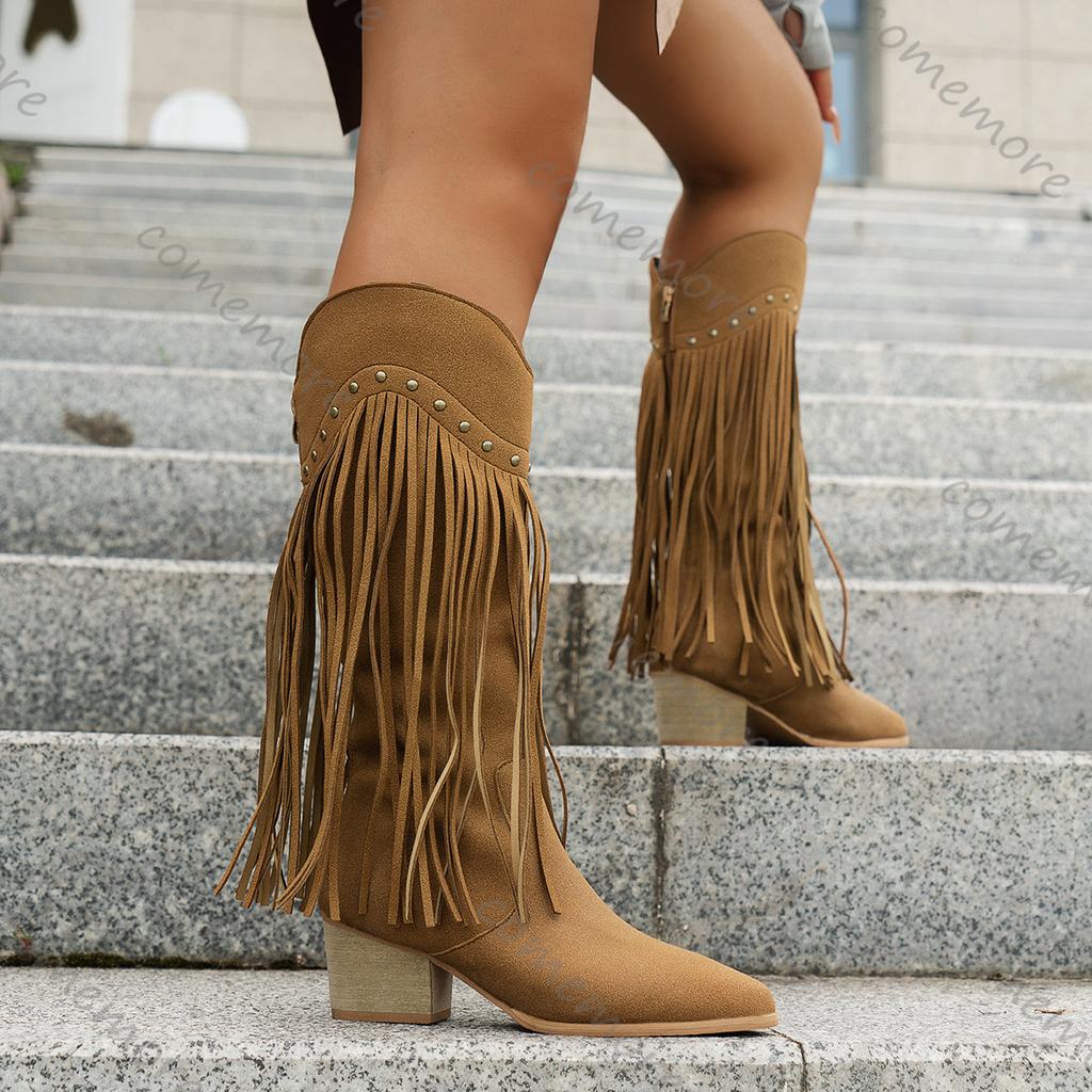 Fashion Comemore Fashion Tassel Long Boots Spring Autumn Women's Retro Pointed Head Solid Booties Vintage Shoes Rivet Knee-High Botas