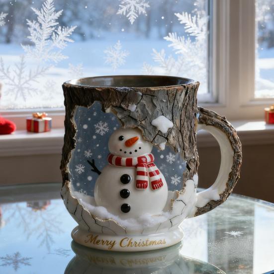 Festive Christmas Mug 3D Tree Bark Texture Themed Santa Reindeer Coffee Cup Resin Holiday Decor Novelty Gifts