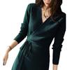 Autumn Winter V-neck Lace-up Slimming Knit Midi Dress - Retro & Versatile