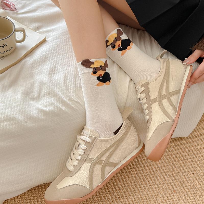 Calcetines de dibujos animados, Calcetines de media caña para mujer de otoño e invierno con bordes festoneados, Calcetines lindos Dui de perro salchicha, Calcetines largos marrones