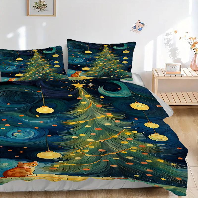 3pc Christmas Cat Cover Set - 1 Quilt Cover + 2 Pillowcases, All Seasons Bedroom Setting, Perfect for Home035