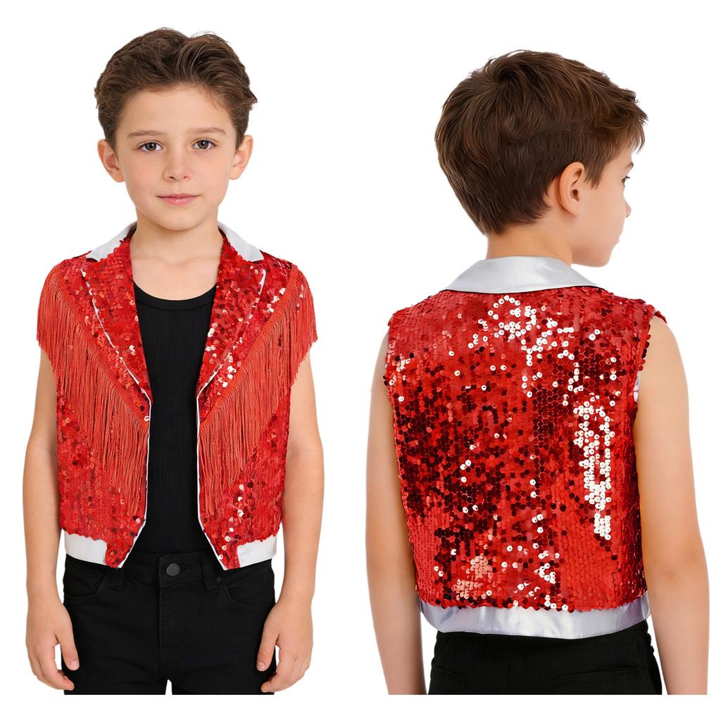 Boys Jazz Dance Stage Performance Tassel Sparkling Sequin Vest Contrast Color Lapel Collar Sleeveless Top