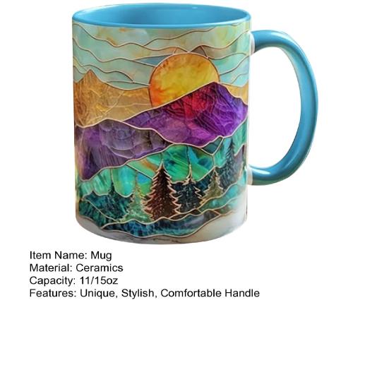 Keramický hrnek 3D akvarelový západ slunce 11/15oz Ergonomická rukojeť Jedinečný umělecký dárek pro domácnost a kancelář