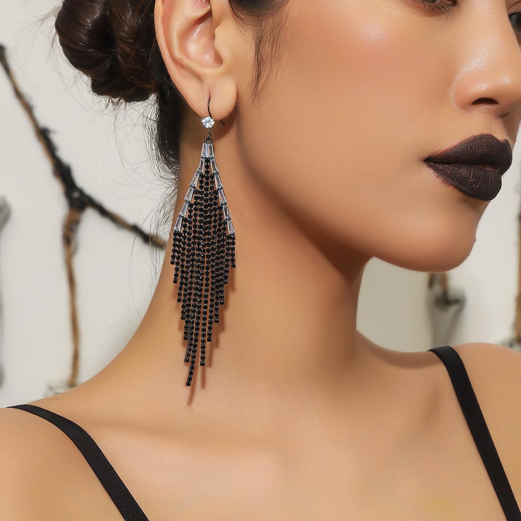 Premium Black Rhinestone Long Tassel Earrings