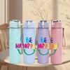 1PC Be Happy Rainbow Bright Slogan Lettering 750ml Color Plastic Sports Water Bottle Leakproof Flip Straw Lid Suitable for Sports Office Home Use