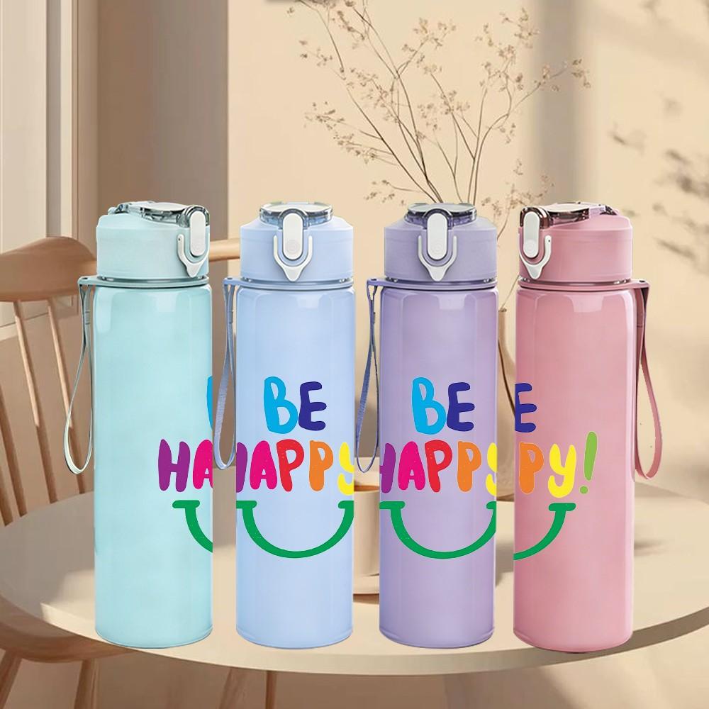 1PC Be Happy Rainbow Bright Slogan Lettering 750ml Color Plastic Sports Water Bottle Leakproof Flip Straw Lid Suitable for Sports Office Home Use