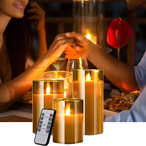 AnnTec LED Candle Light, LED Glass, Gold, 3-Piece Set, Flickers Like a Real Flame, Warm Light, Flameless, Safe, Energy-Saving, with Remote Control, Ad