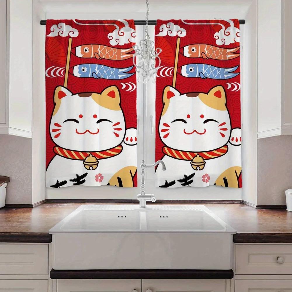 2 Panel Fortune Cat Print Curtains Fish Kitchen Curtains Kitchen Blinds Window Curtains 75% Shading Coffee cortinas