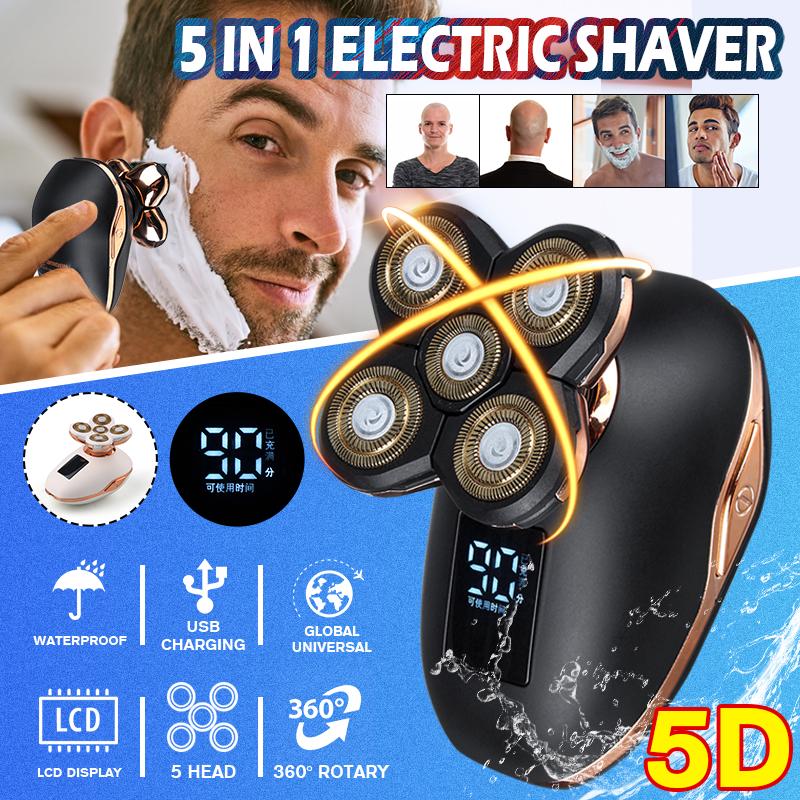 4D 5 Head Electric Men Bald Shaver Waterproof Razor Cordless Beard Hair Trimmer Clipper [with LCD Battery Display]