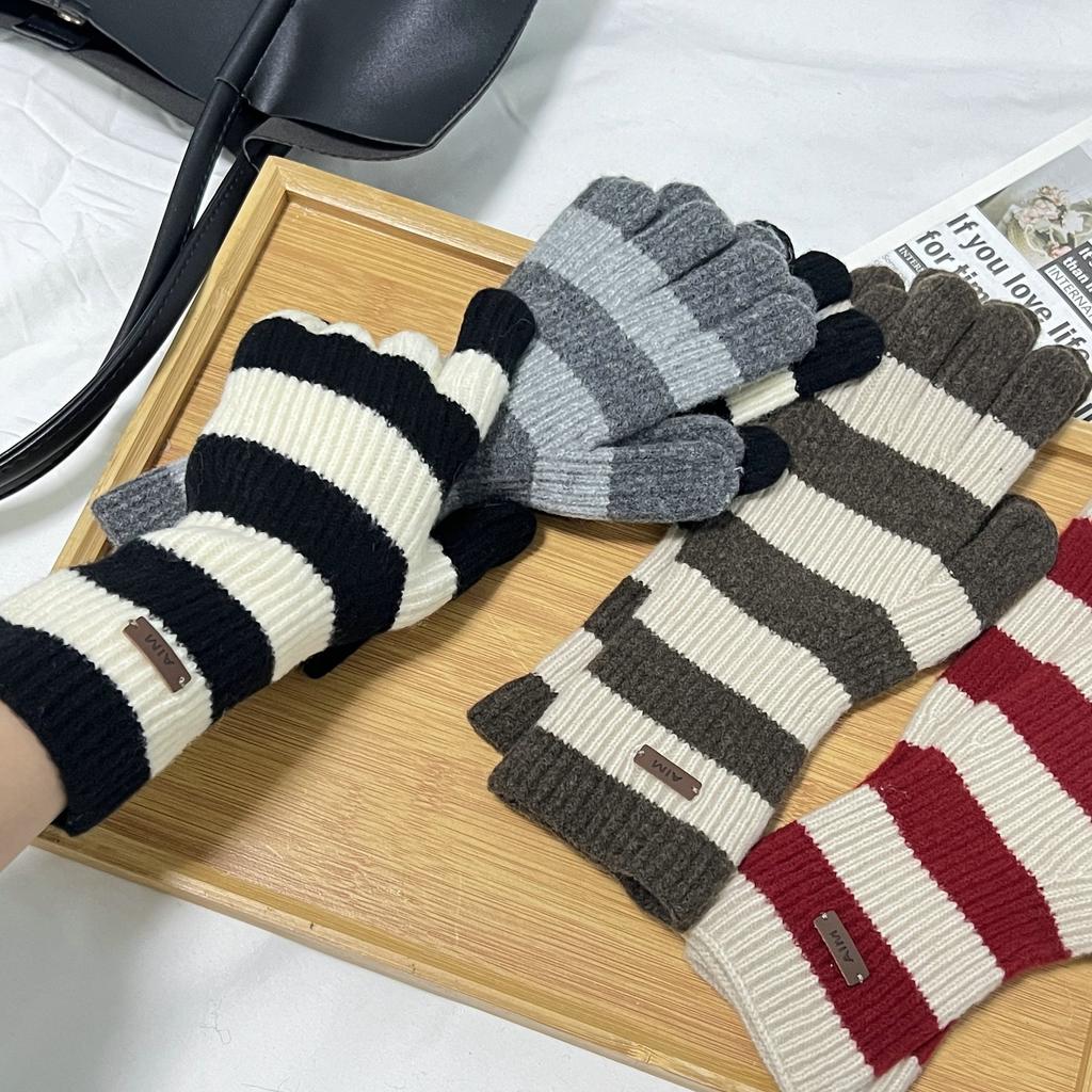 Wool Vintage Striped Long Finger Gloves with Autumn and Winter New Warm Wrist Protection for Women