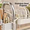 Dish Drying Rack, White 2-Tier Stainless Steel Countertop Organizer with Drip Tray and Utensil Holder