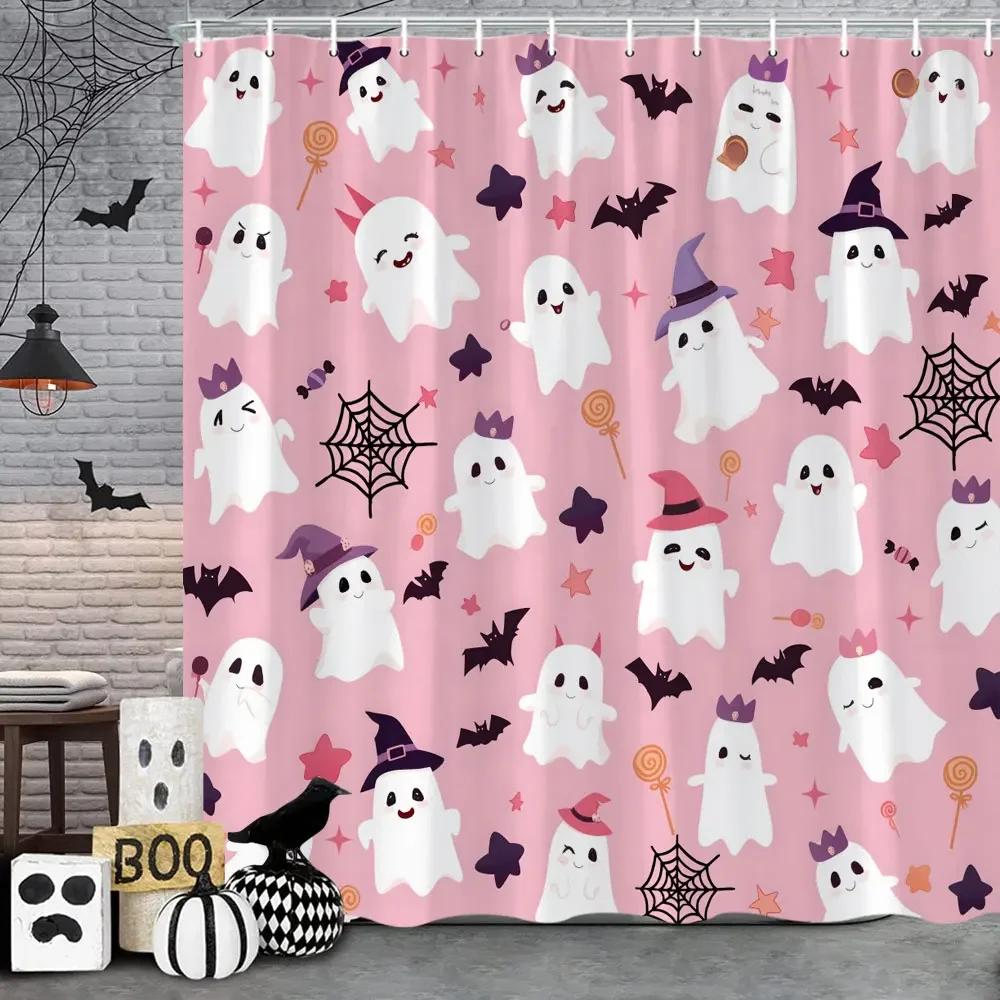 Rosa Söt Halloween Duschdraperi Spöke Pumpa Fladdermus Skalle Polyestertyg Barn Duschdraperi Flickor Badrumsinredning Remkrokar