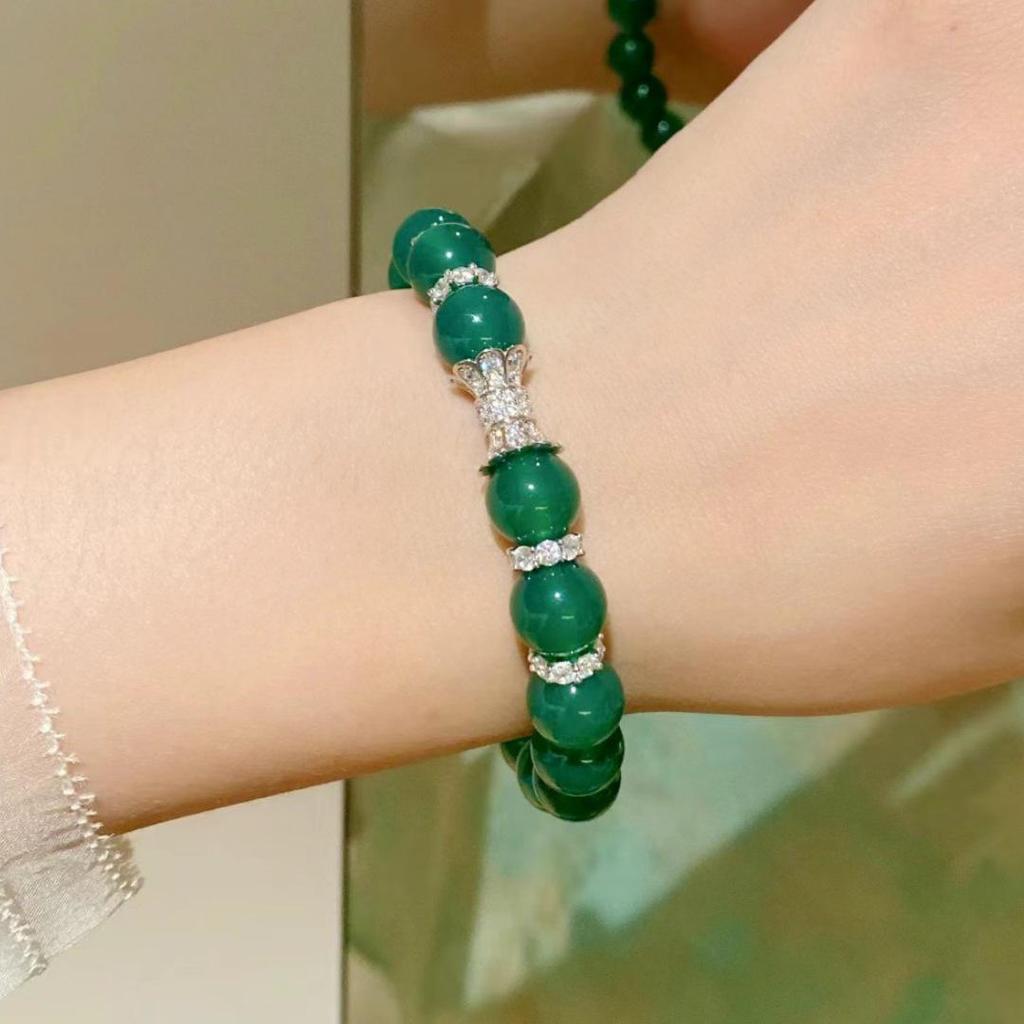 Elegant Green Chalcedony Agate Beaded Bracelet - 6mm & 10mm Beads, New Chinese National Style