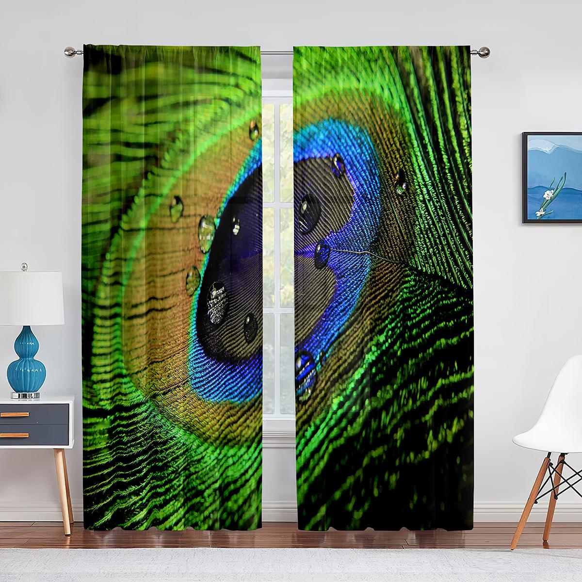 Голубые красивые прозрачные шторы с изображением павлина — фото 14