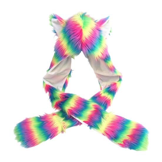 Women Hat Rainbow Color Imitation Fur 3 in 1 Hat Scarf Gloves Winter Warm Hat Home Outdoor Work Street Wear