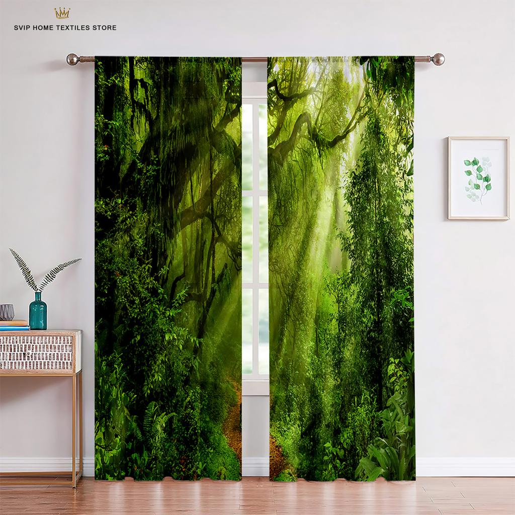 Woodland Forest Foliage Sunbeams Tulle Curtains, Sheer Voile Curtains, Window Decor, Living Room, Bedroom, Kitchen