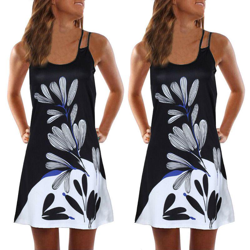 Elegant Women Summer Vintage Beach Sleeveless 3d Floral Print Boho Tank Dress
