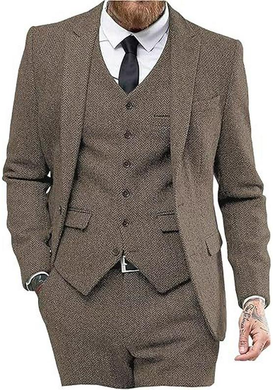 Men's Slim Fit Herringbone Three-Piece Suit for Business, Banquets, and Weddings