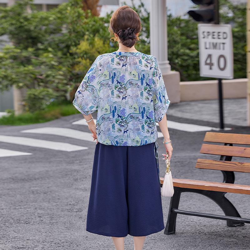 2026 New Loose Plus Size Printed Two-Piece Suit for Middle-aged and Elderly Women