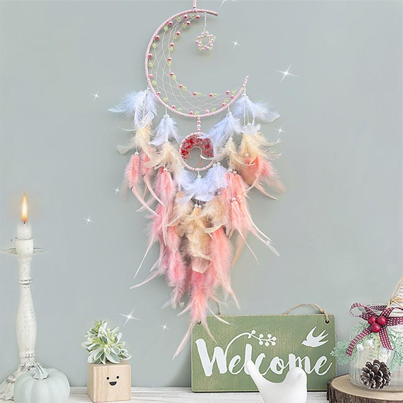 Creative Moon Feathers Dream Catcher With Luminous Beads Large Wall Hangings Wind Chimes Bedroom Decorations For Girls Gifts
