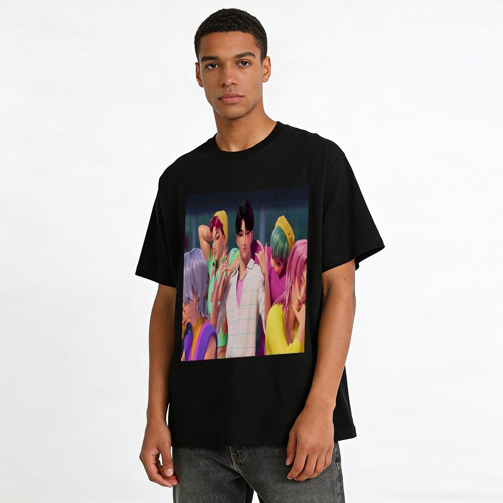 Virtual Idol Boy Group Print Casual T-Shirt Trendy Anime Style Loose Breathable Unisex Daily Top Pure cotton T-shirt