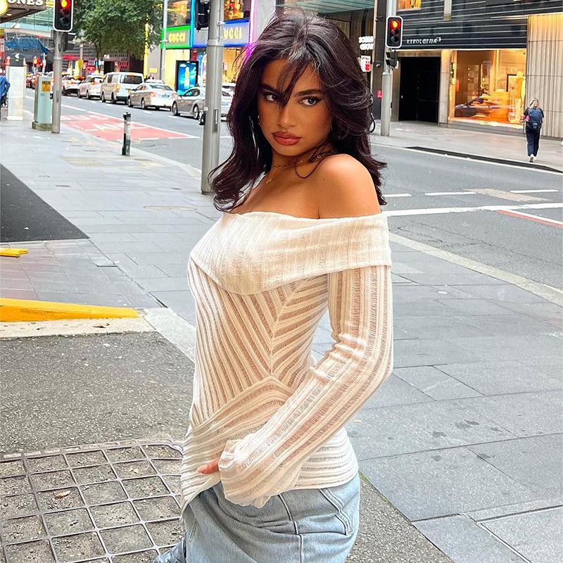 YYFS Moda damska Casual Wiosna Jesień Jednolity kolor Nadruk Długi rękaw Jedno ramię Bluzki i koszule