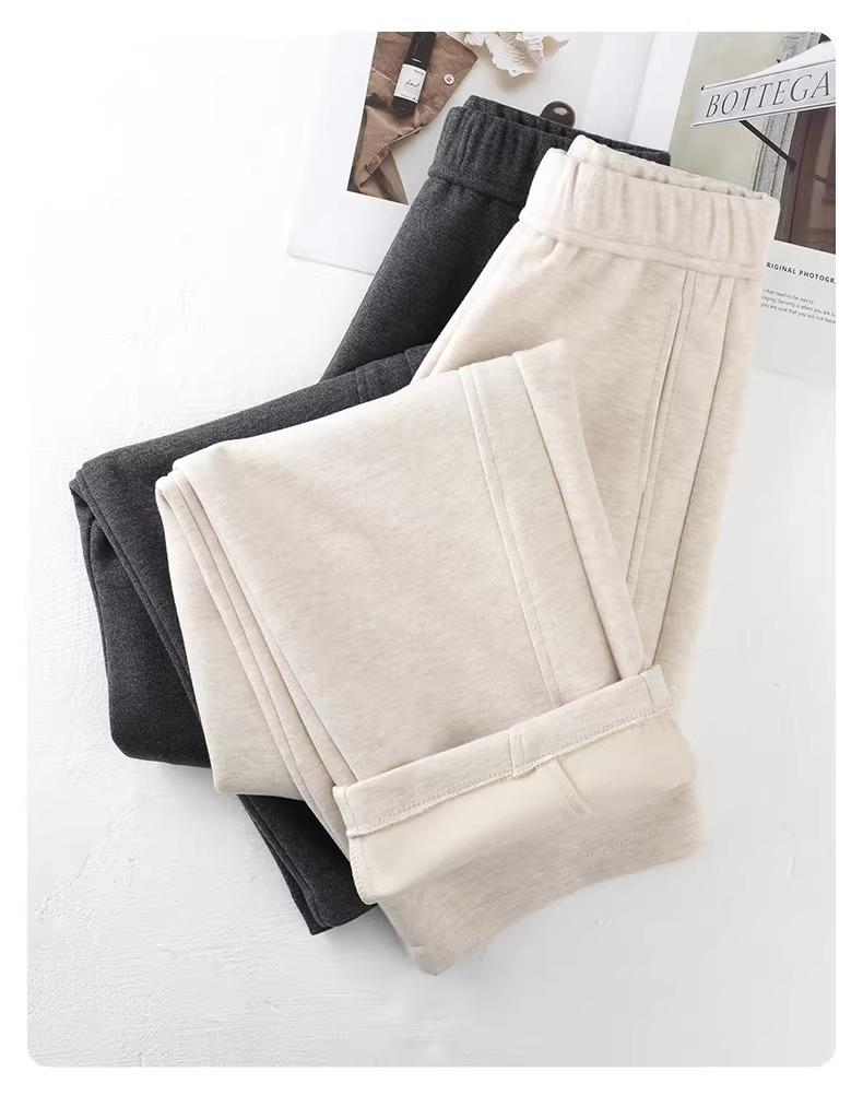 Women's Beige Cashmere Wool Blend Wide-Leg Pants with Fleece Lining - Autumn/Winter 2024 Collection