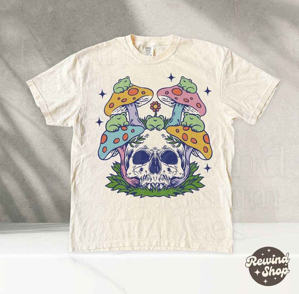 Skull Mushroom Comfort Colors Shirt - Goblincore Pastel Frog TShirt - Witchy Cottagecore Graphic Tee