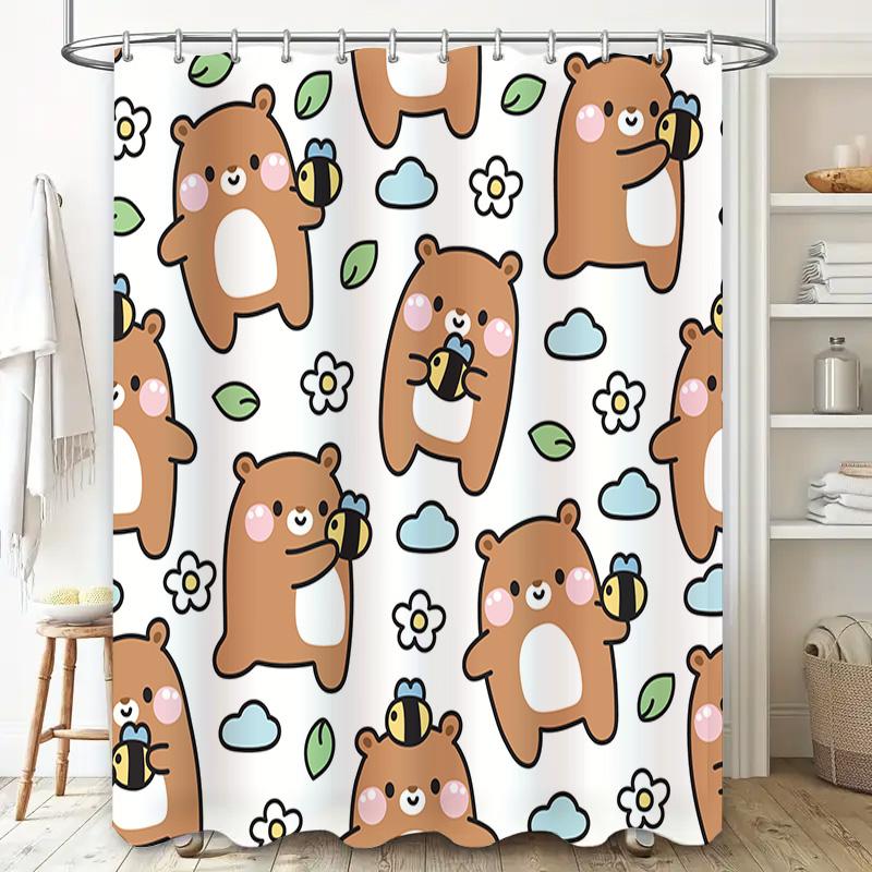 Adorable Brown Bear Shower Curtain With Bumblebee Pattern Perfect For Bathroom Decor!