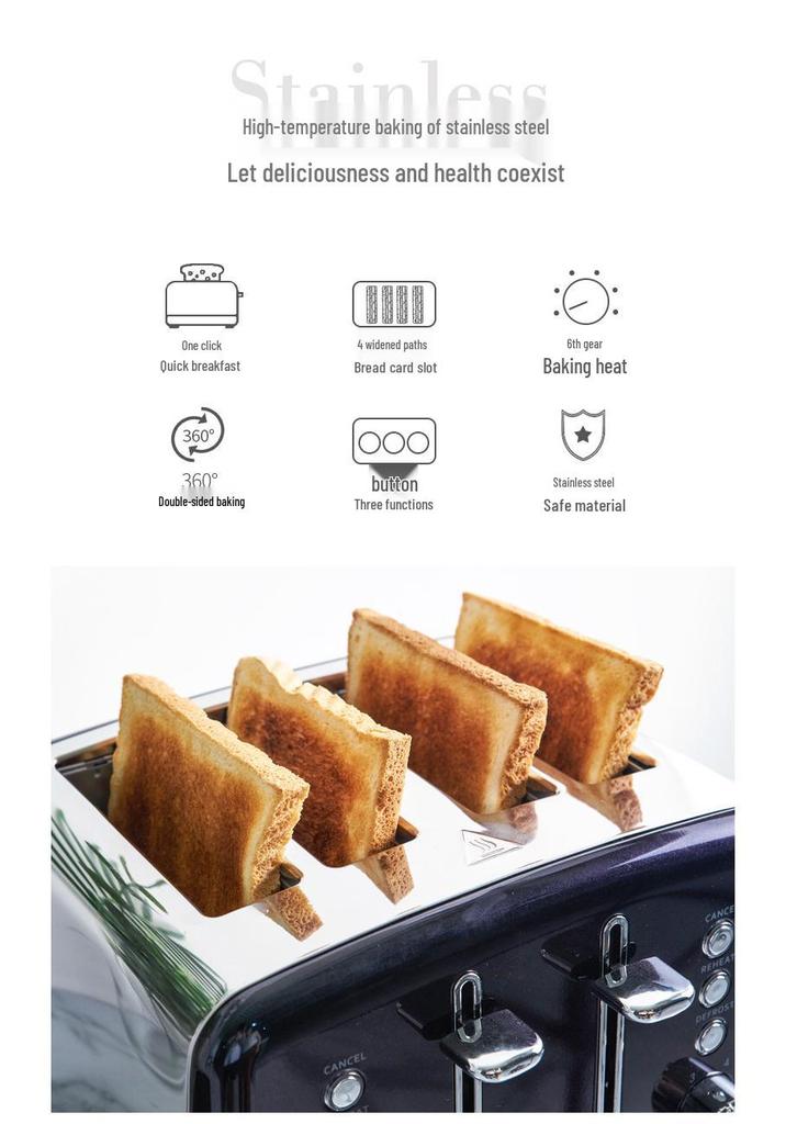 Euro Spec Stainless Steel 4-Slice Toaster Oven with 6 Settings for Home Breakfast.