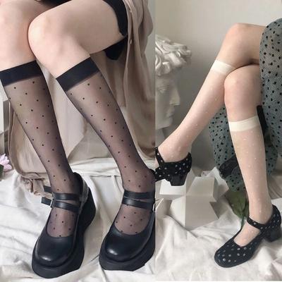 Women Summer Sexy Transparent Calf Socks Harajuku Vintage Polka Dot Print Jacquard See-Through Mesh Knee Drop Shipping