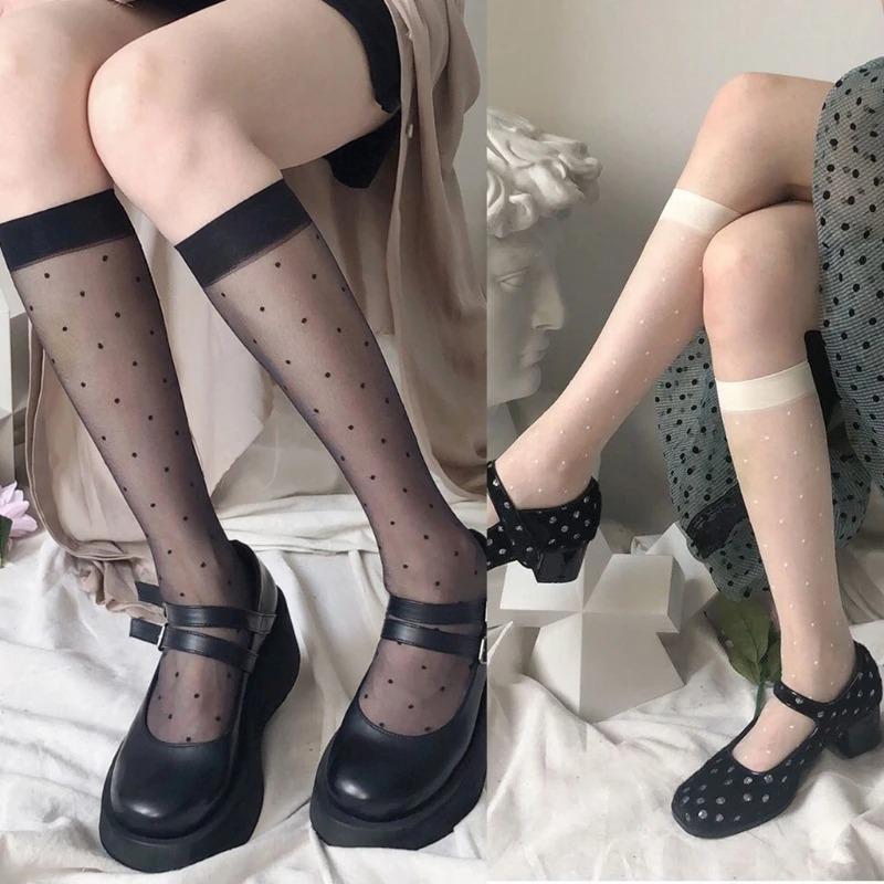 Women Summer Sexy Transparent Calf Socks Harajuku Vintage Polka Dot Print Jacquard See-Through Mesh Knee Drop Shipping