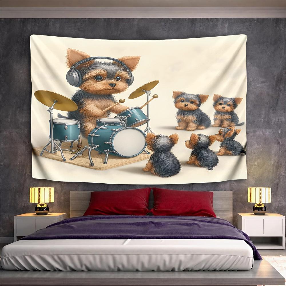 Funny Wall Tapestry Yorkshire Terrier Puppy Playing Drums with Headphones Music Band Decor for Kids Room Studio Gift
