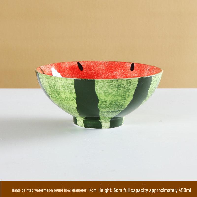 Hand-Painted Watermelon Design Large Ceramic Noodle Bowl with Underglaze Snails Pattern - Fresh, Deep & Stylish.