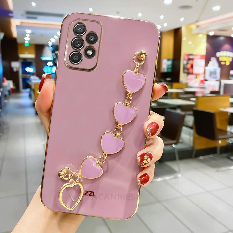 Fashion Plating Love Heart Náramek Řetízkové pouzdro pro Samsung Galaxy A53 A33 A73 A23 A13 A32 A52 A52S 4g 5g Band Cover On A 53 52 S