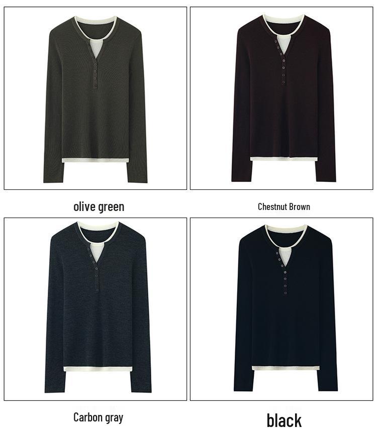 Women's 100% Pure Wool Crew Neck Knitted Sweater - Fake Two-Piece Long Sleeve Base Shirt for Autumn