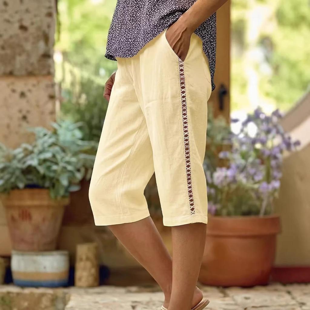 Ladies' Casual And Fashionable Side Hollow Splicing Straight Leg Five Quarter Pants