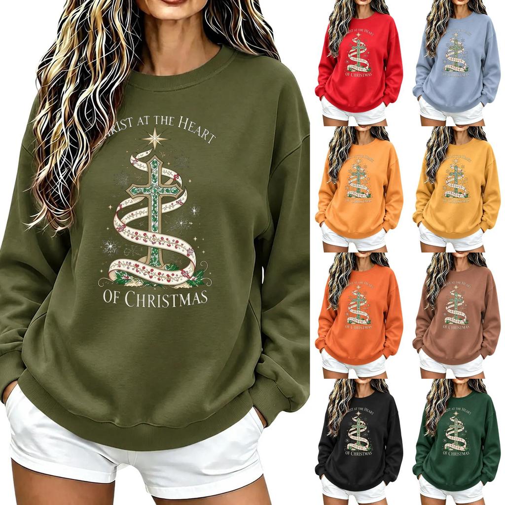 Women's Christmas Print Long Sleeve Crewneck Sweatshirt Casual Holiday Pullover Top
