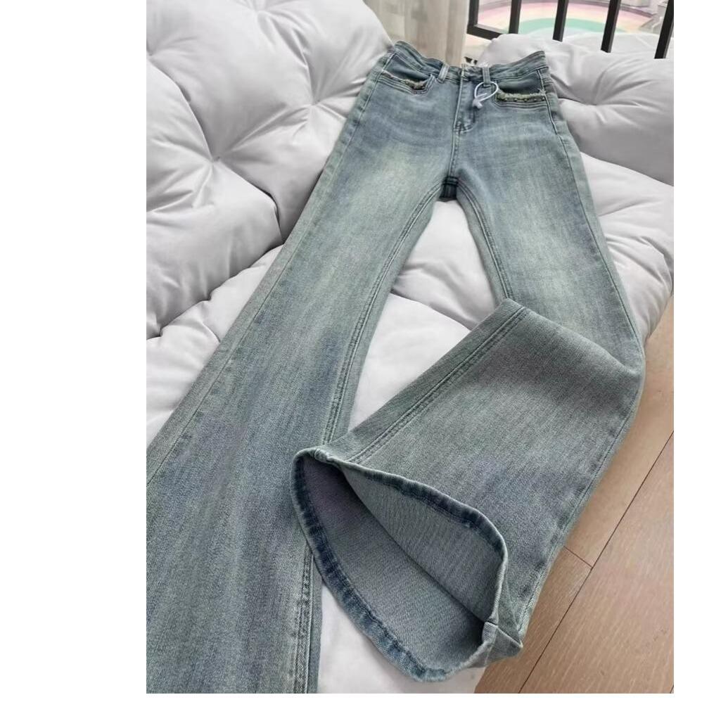 Light Blue High-Waisted Micro-Flare Jeans - Women's Stretch Slim Fit Horseshoe Design for Spring