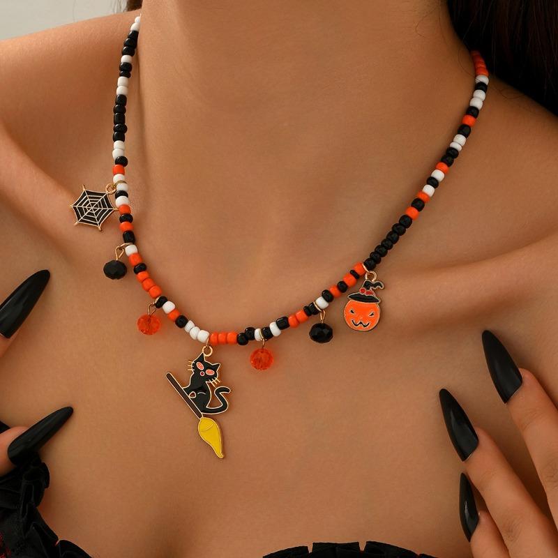Halloween Necklace Funny Pumpkin Ghost Cat Pendant Horror Contrasting Color Rice Bead String Chain Collarbone Chain