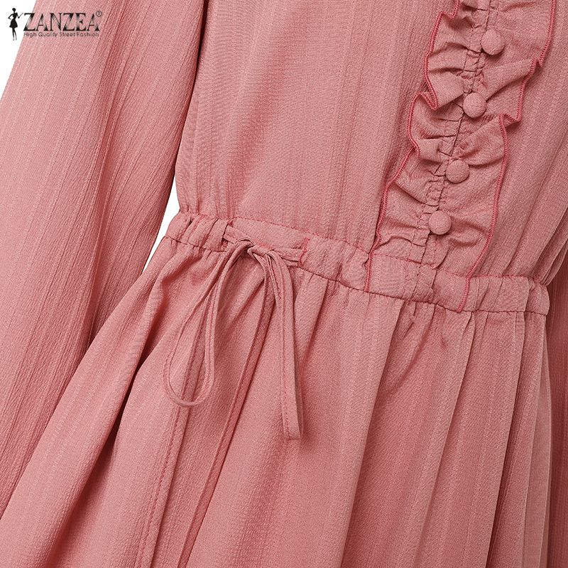 ZANZEA Lässiges, einfarbiges, langärmeliges Kleid mit Rundhalsausschnitt für Damen