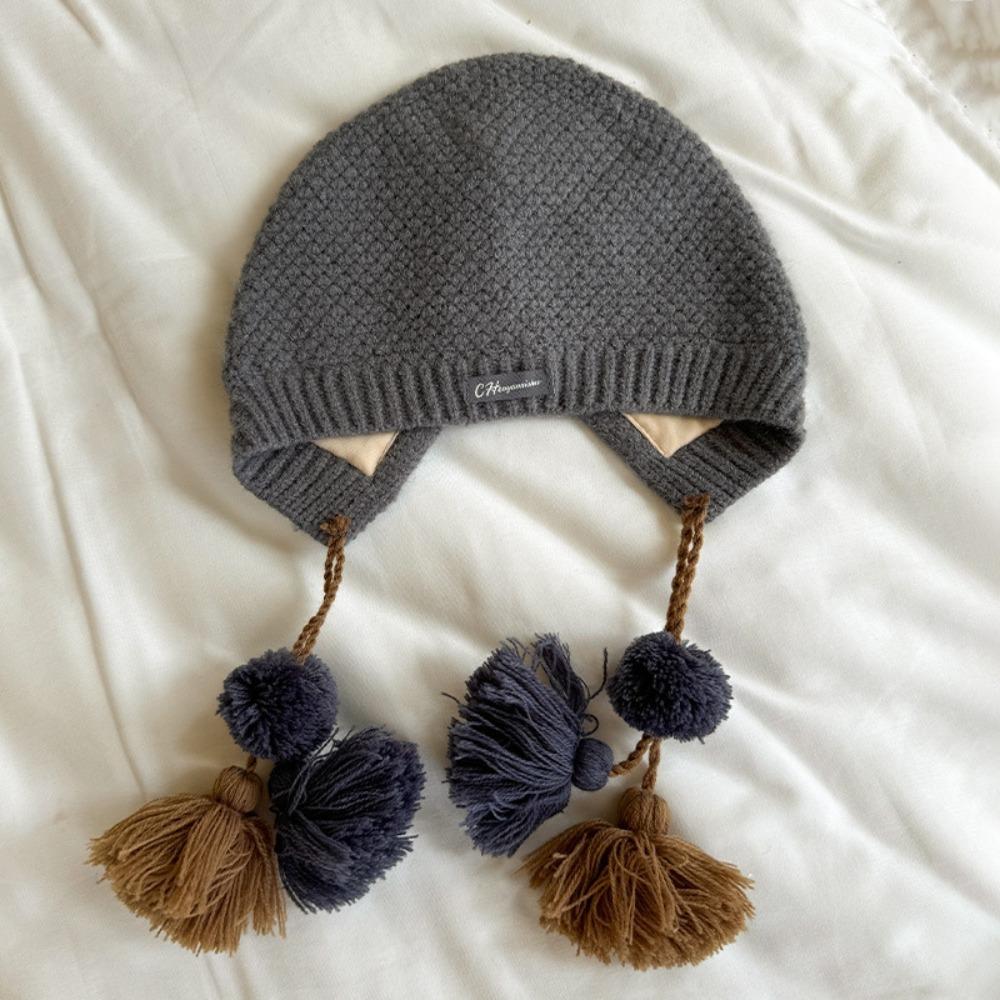 

Ethnic Style Children s Tassels Hat Korean Girls Knitted Hat Cute Handmade Crochet Hat Kids 5-12Y сірий
