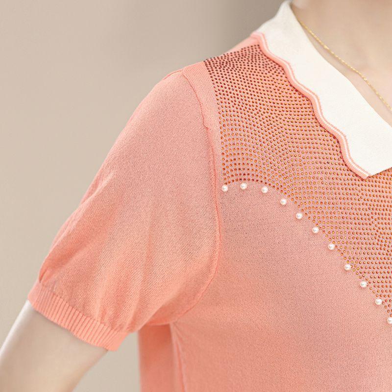 Mom Summer Short Sleeved T-shirt Middle Aged Ice Silk Women's Top Middle Aged Knitted T-shirt