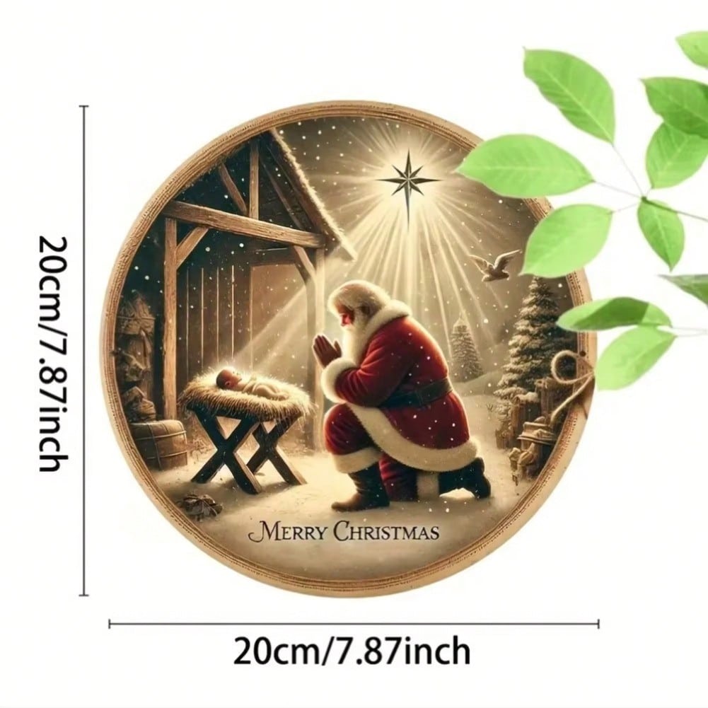 Christmas Metal Wall Art Santa Manger 2D Round Sign for Home Cafe Bar Garage Holiday Gift