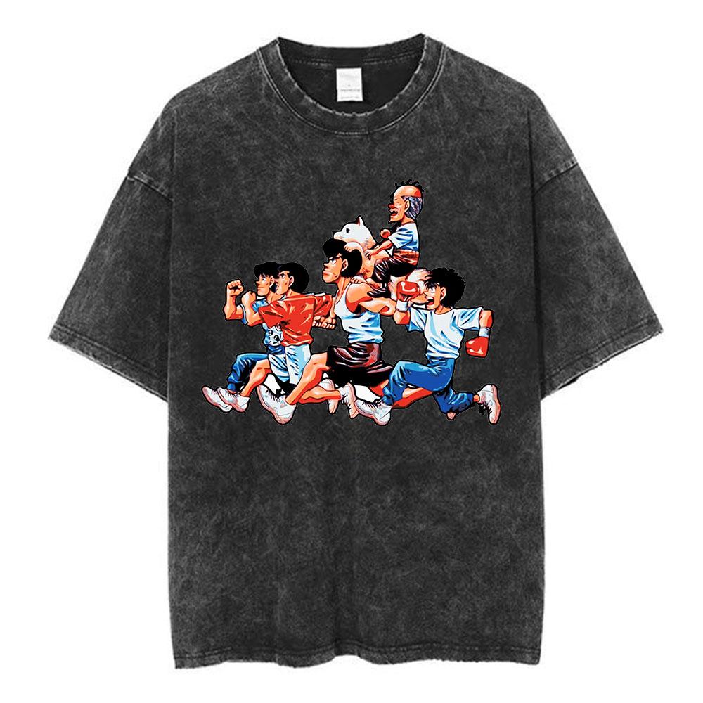 Anime Hajime No Ippo Makunouchi Vintage Washed Tshirt Takamura KGB T Shirts Kamogawa Boxing Gym Tshirt Men Manga Retro Tshirts
